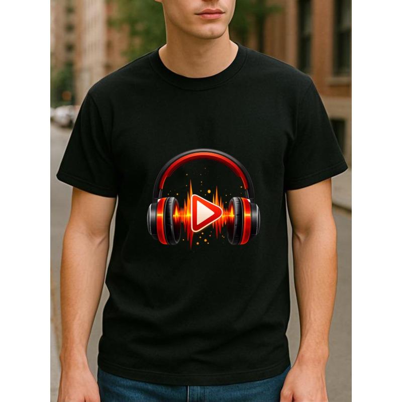 

Европейские размеры Музыка Наушники Звуковая волна Ключ воспроизведения Печать, Мужская повседневная футболка с коротким рукавом, круглым вырезом и принтом S чёрный