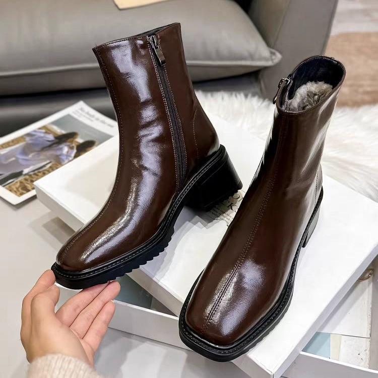 Square head soft-soled velvet thermal short boots women's autumn and winter new thick-soled thick-heeled Martin boots