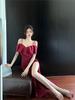 High-end niche light luxury one-word collar dress/evening dress new sexy slim and thin solid color split skirt design