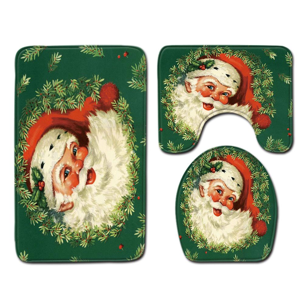 Christmas Shower Curtain Floor Mat Combination Four-Piece Set Bathroom Toilet Carpet Shower Room Mat Foot Mat