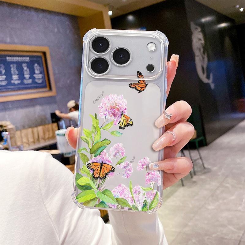 Pink butterfly mobile phone case Apple 15pro four corners anti-drop TPU transparent soft case iPhone17 light and advanced sense