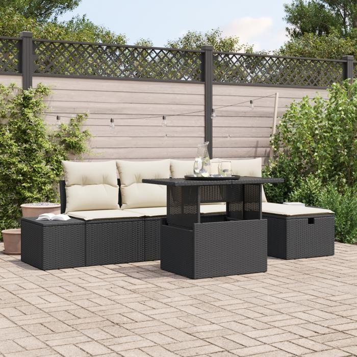 VidaXL Ensemble de Canapé de Jardin de 6 Pièces avec Coussins Noir Poly Rattan 3361196
