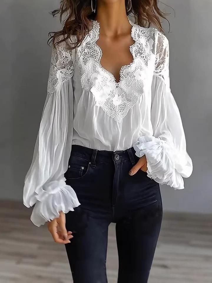 2026 Lace Patchwork Puff Sleeve Pleated Women's Shirt