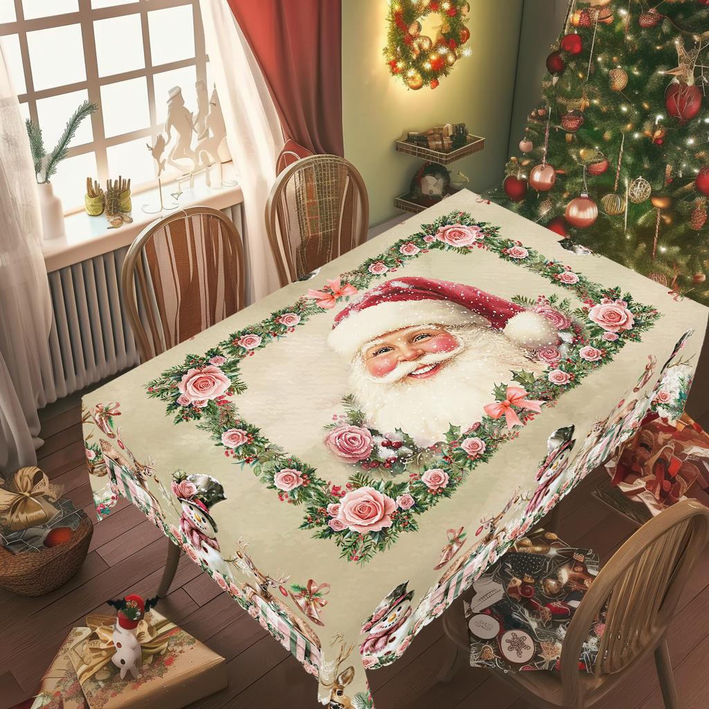 1 Stück Weihnachten Runde und Rechteckige Tischdecke, Verschiedene Größen, Weihnachtsmann und Weihnachts-Schneemann Retro Muster Dekoration Tischdecke, Weihnachten Ga