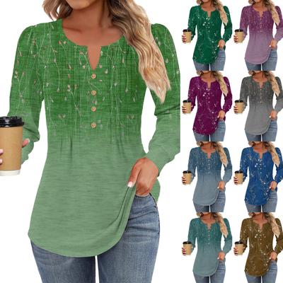 Damenmode Lässig Plissiert Rundhals Zierknopf Bedruckt Langarm T-Shirt Top
