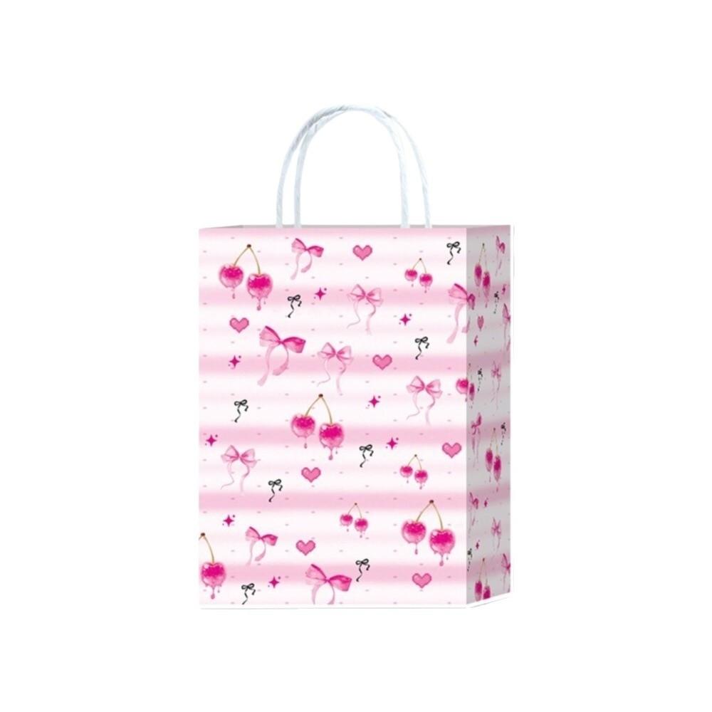 5PCS Sweet Pink Paper Gift Bags White Bow Handheld Design Candy Tote Bag Paper Material Bow Themed Gift Packing Bags