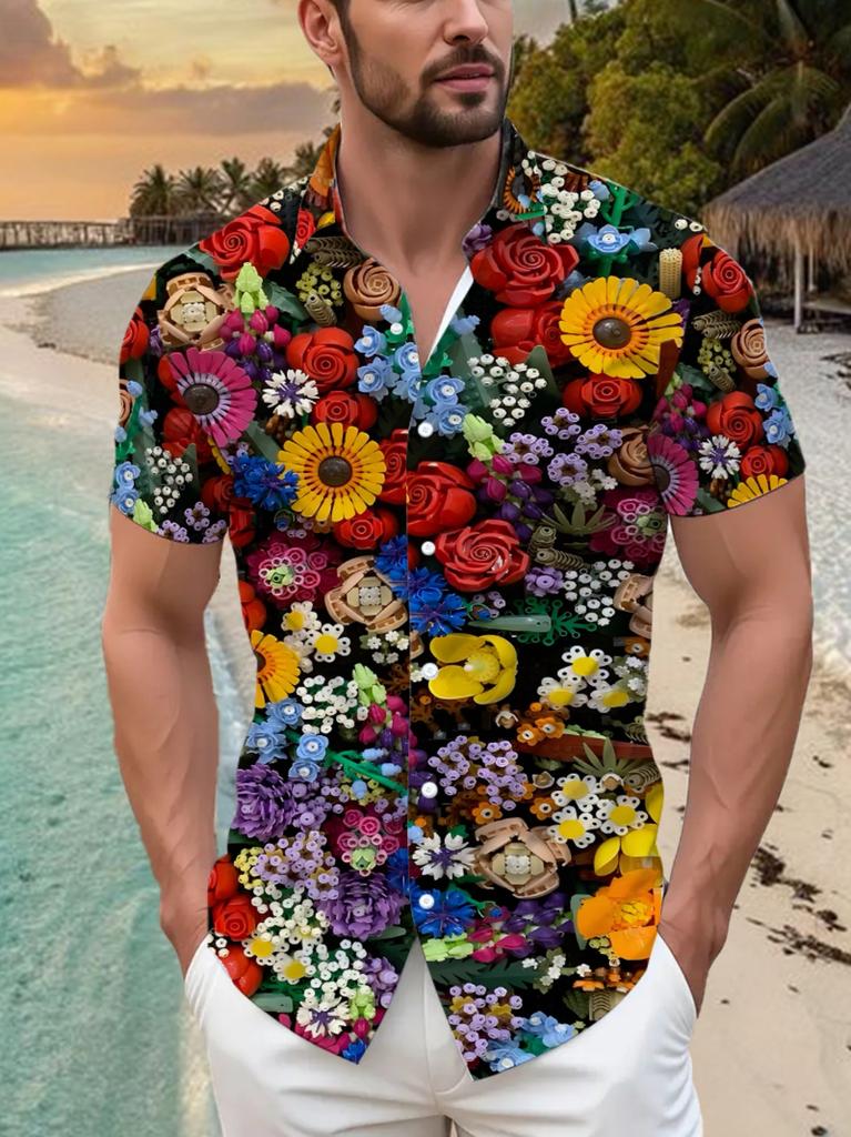 Herren-Freizeithemd mit lebendigen Blumenprints - Kurzärmeliges Knopfdesign, geeignet für Outdoor- und Freizeitkleidung im Sommer, perfekt für den Alltag