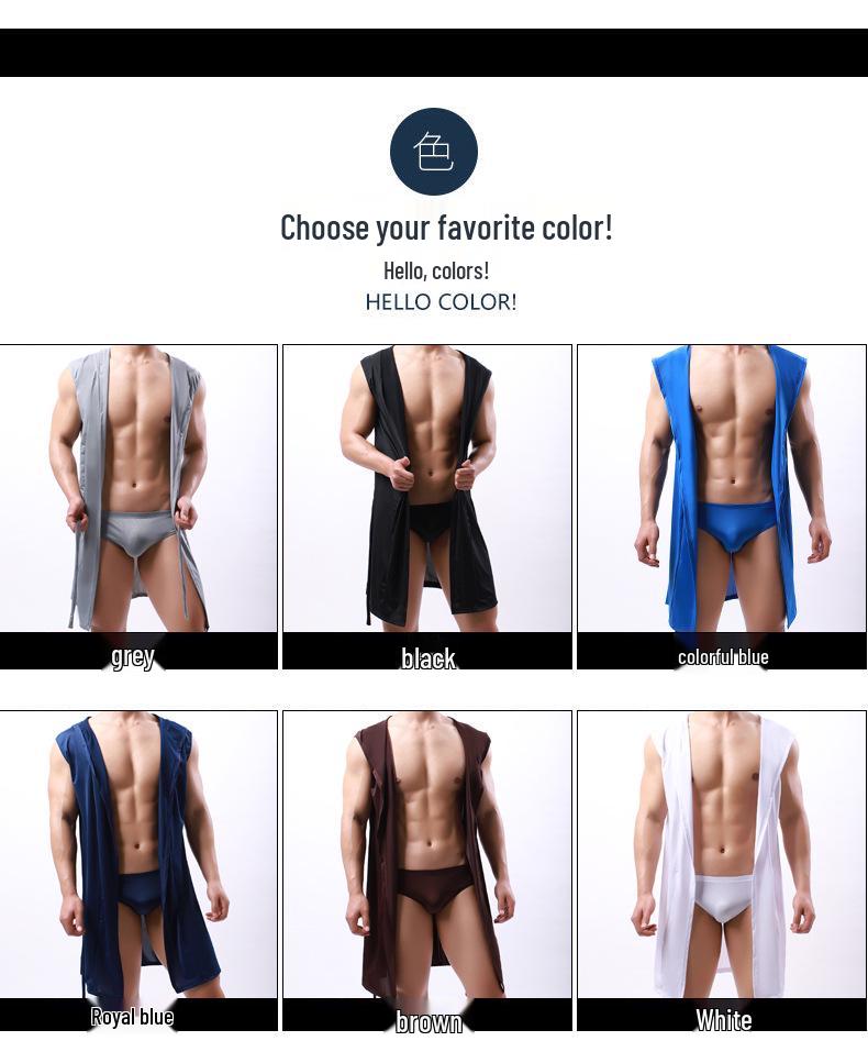 Men's Hooded Sleeveless Thin Silk Bathrobe, European Style, Six Colors Available, Does Not Include Underwear