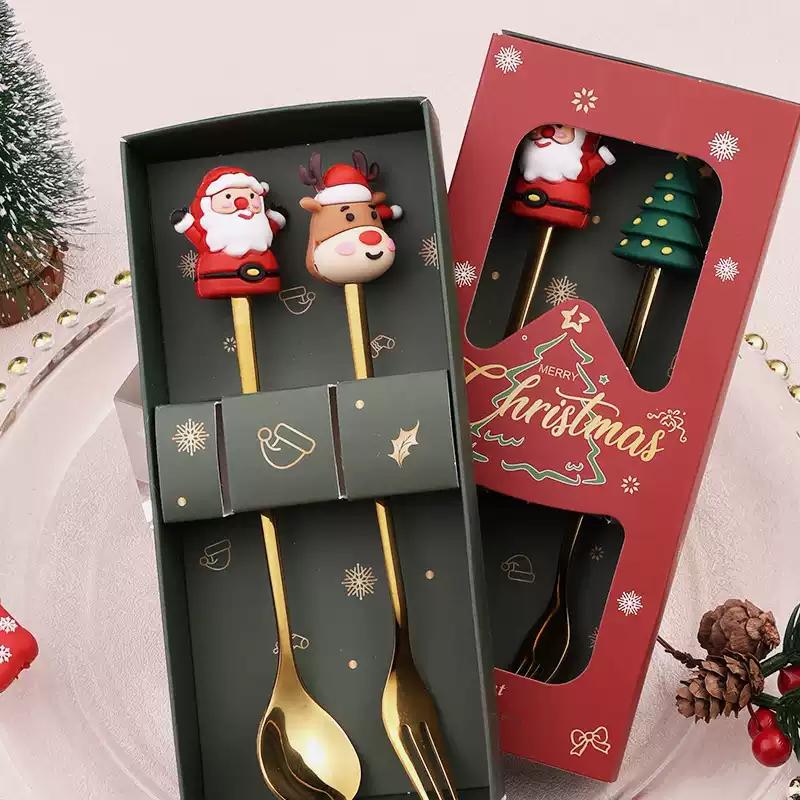 Christmas Spoon Set Cute Father Christmas Doll Dessert Cutlery Two Sets for Holiday Party Home Kitchen Children Gift Table Decor