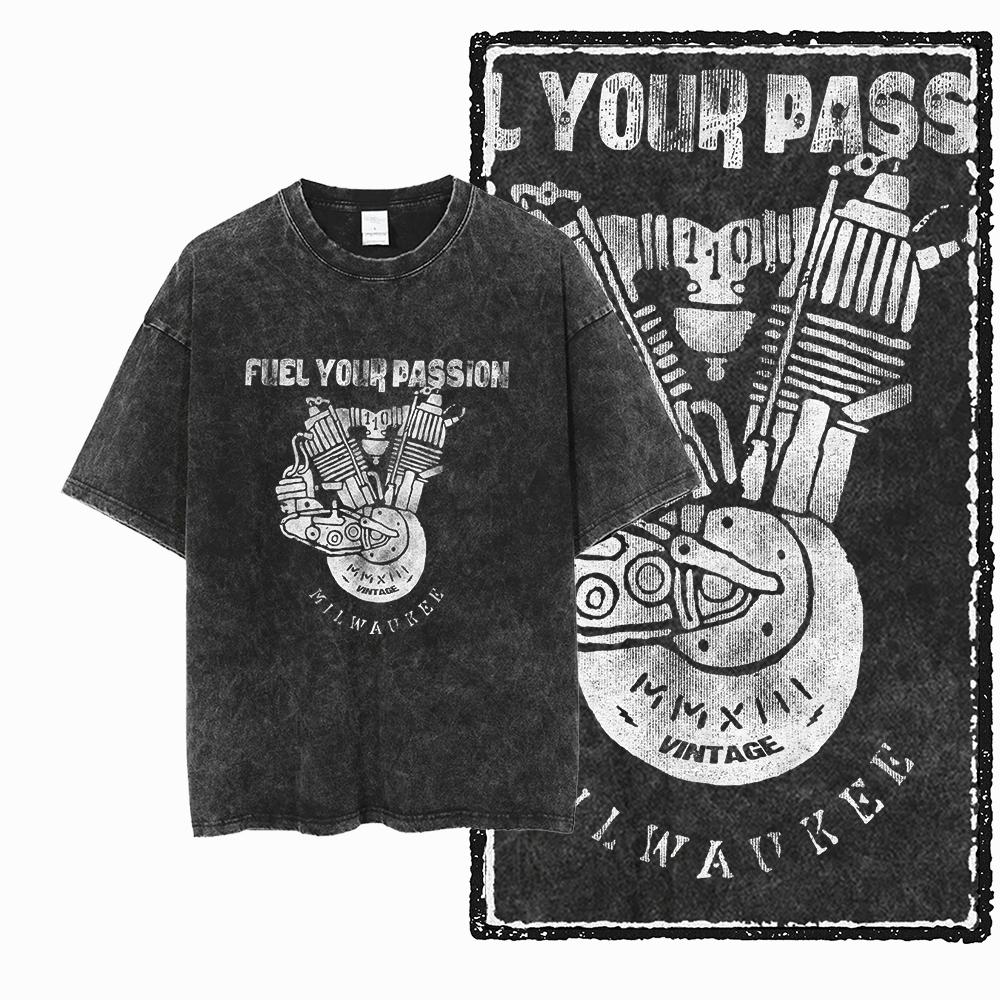 

YM MOTOR CYCLE THEME Printed Cotton Acid Washed Graphic Unisex T Shirt Cool Streetwear Men Tshirts Big Size Tee for men 4XL