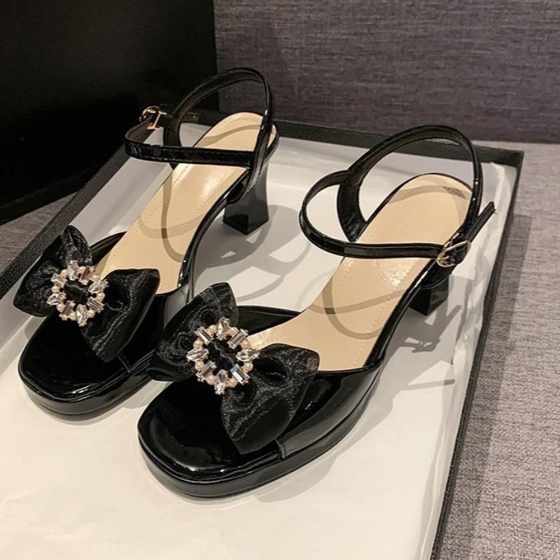 Fashion French Bow Open Toe High-heeled Sandals Women's Summer New Style with Skirt Beautiful Block Heel Buckle Sandals