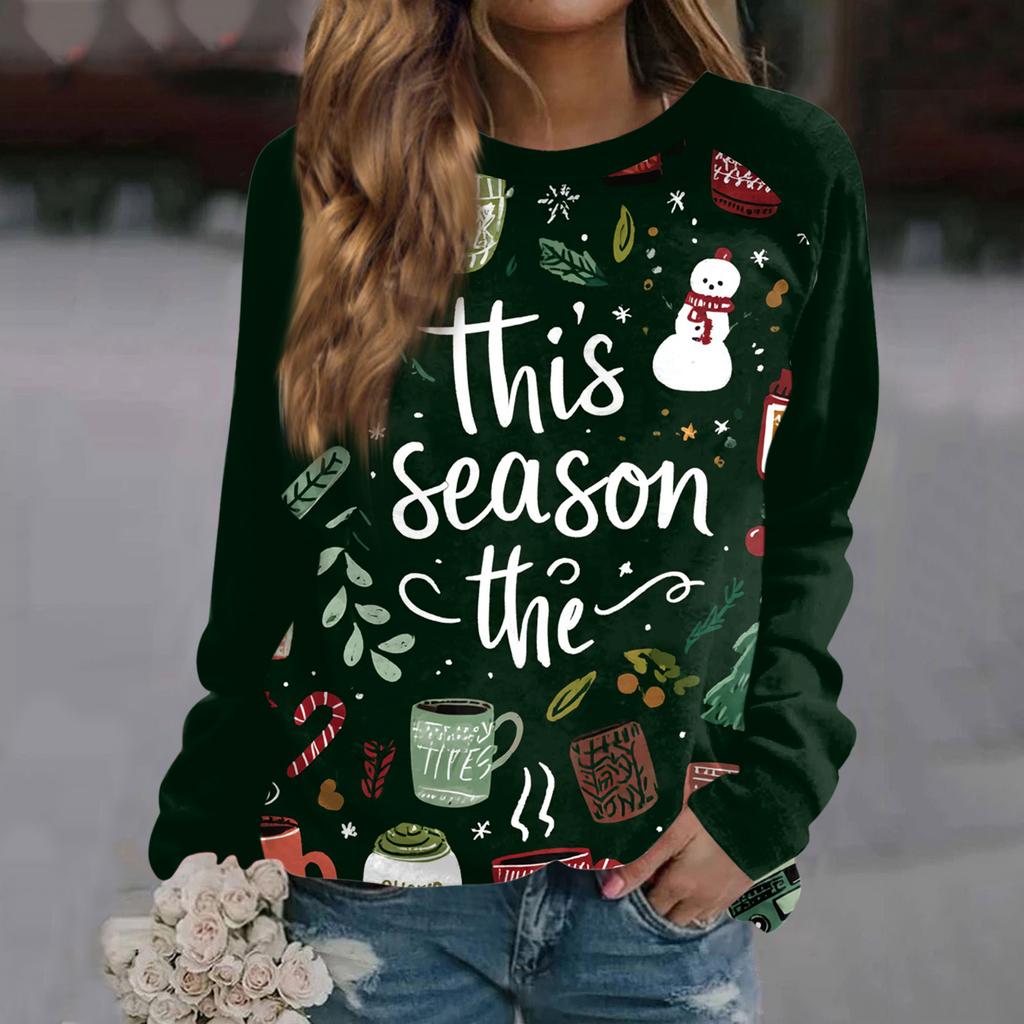 Women's Fashion Casual Long Sleeve Christmas Printed  Neck Sweatshirt Top