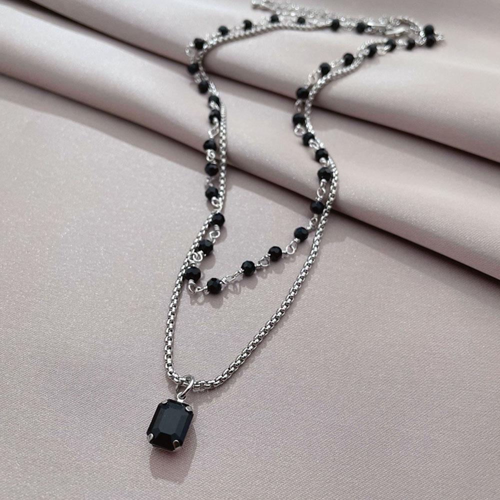 New Fashion Black Resin Bead Chain Choker For Women Double Layer Square Pendant Necklace Party Jewelry Gifts