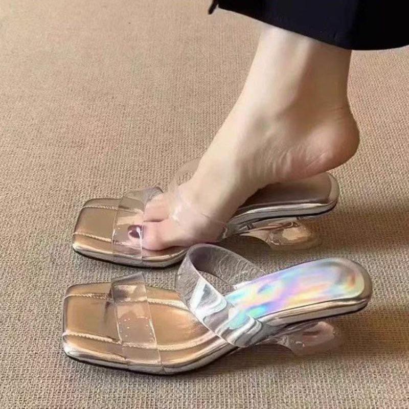 

Французские прозрачные однословные сандалии и шлепанцы для женщин на лето 2025 года Новые универсальные босоножки на высоком каблуке 39 серебряный