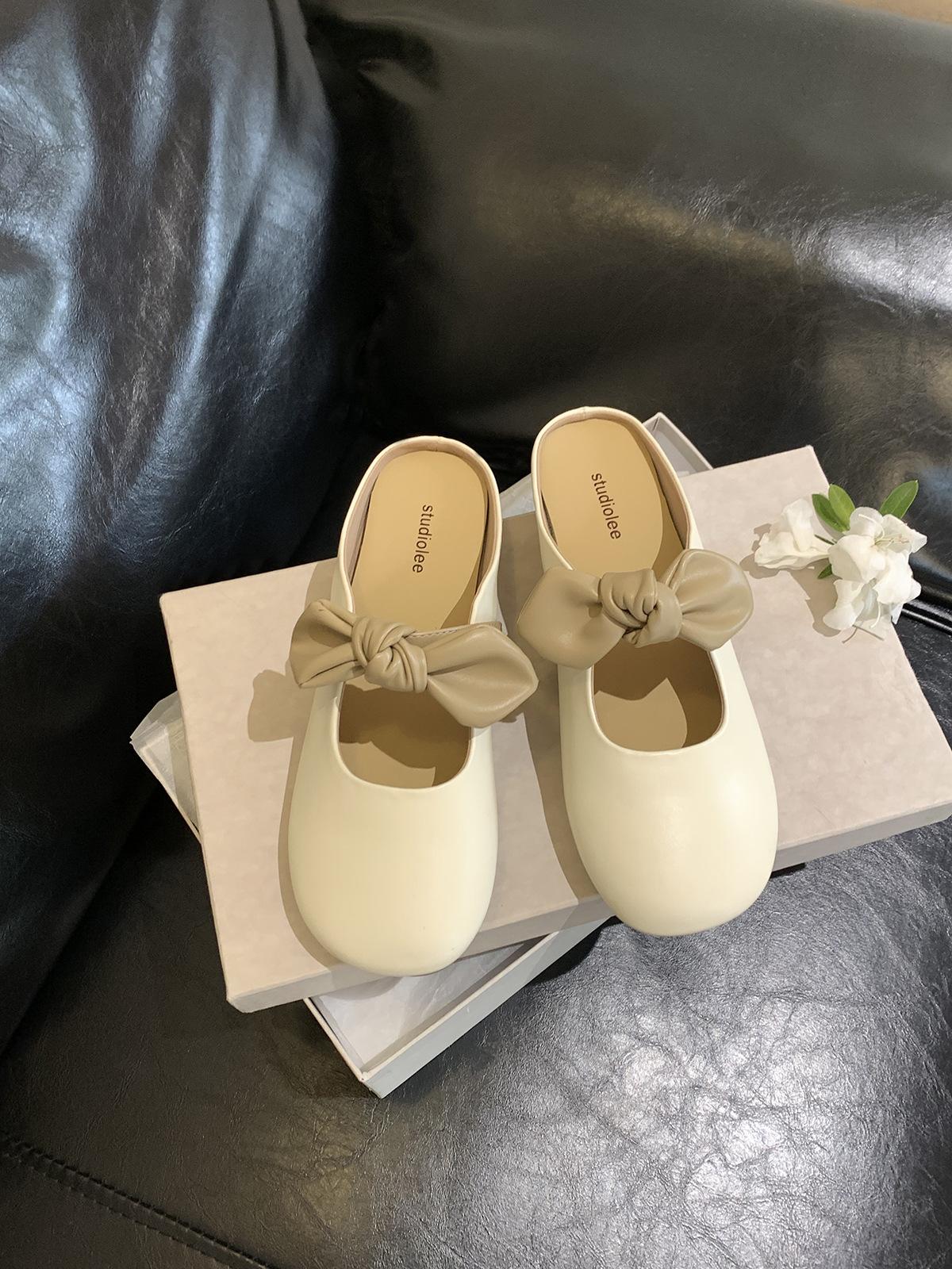 

Leather version~ Grape mother inner height increase 4cm bag head slippers women s summer wear bow cool slippers half a word drag 40