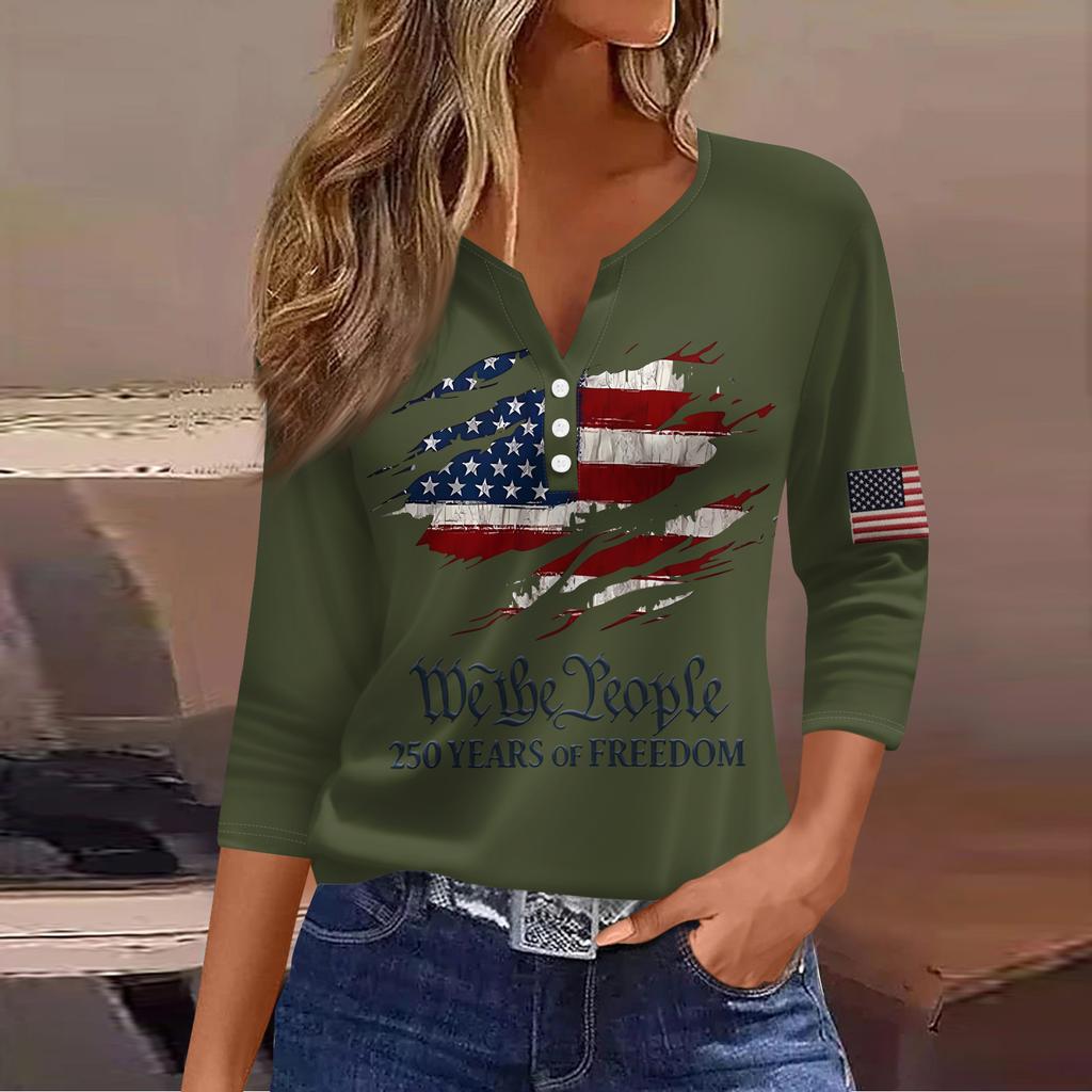 Women's T Shirt Independence Day Print Button 3/4 Sleeve Daily Weekend Fashion Basic V- Neck Regular Top