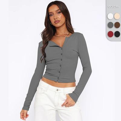 Podzim Zima Jednobarevný Měkký Knoflík Krátký Y2K Dlouhý Rukáv Slim Fit Kardigan Top Módní Dámské Oblečení Trička Dámské