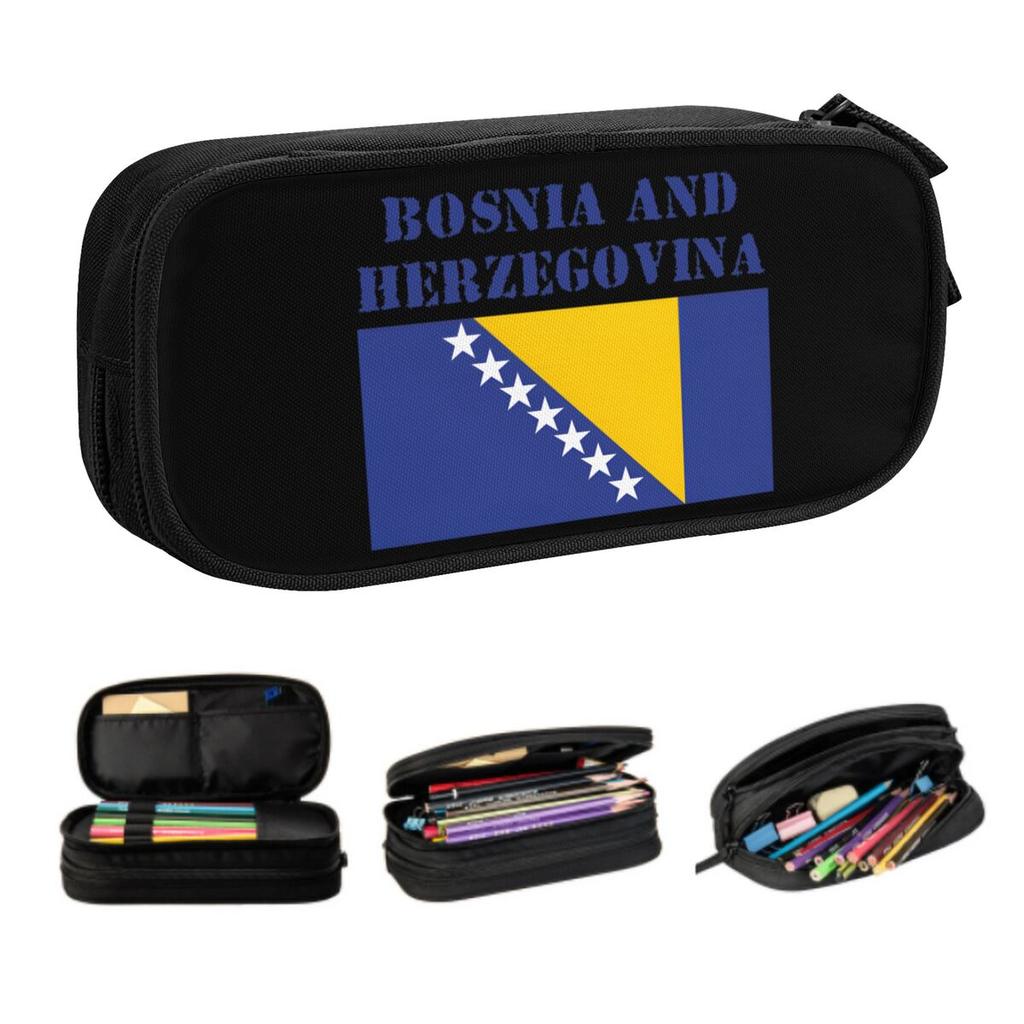 Custom Bosnia And Herzegovina Flag Pencil Case for Boy Girl Large Capacity Pen Box Bag Stationery