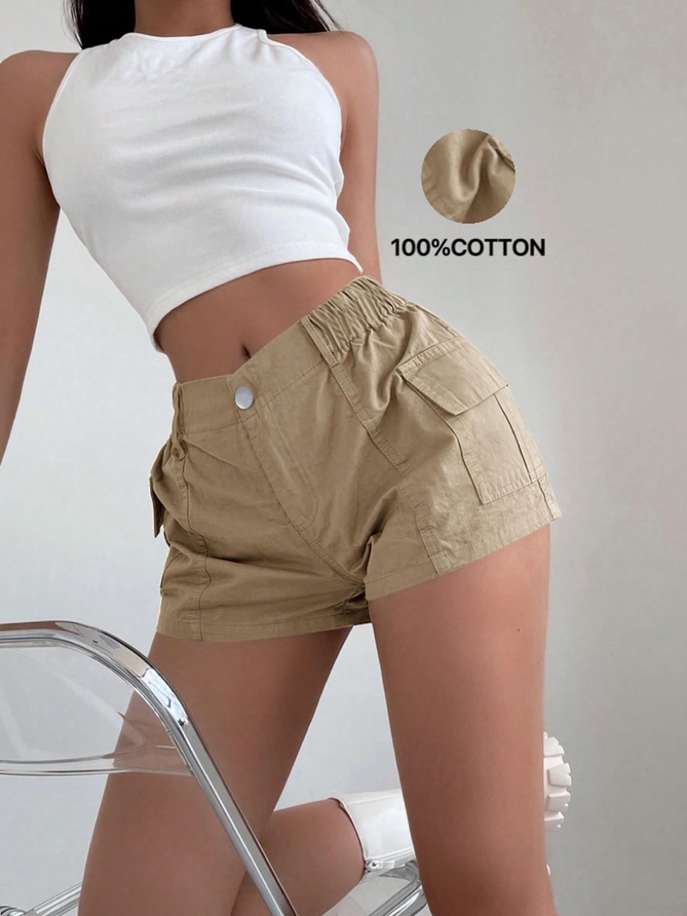 

Rose Beauty A женские шорты Y2K Street с эластичной талией и карманами по бокам, однотонные простые повседневные шорты для повседневной носки XL абрикосовый