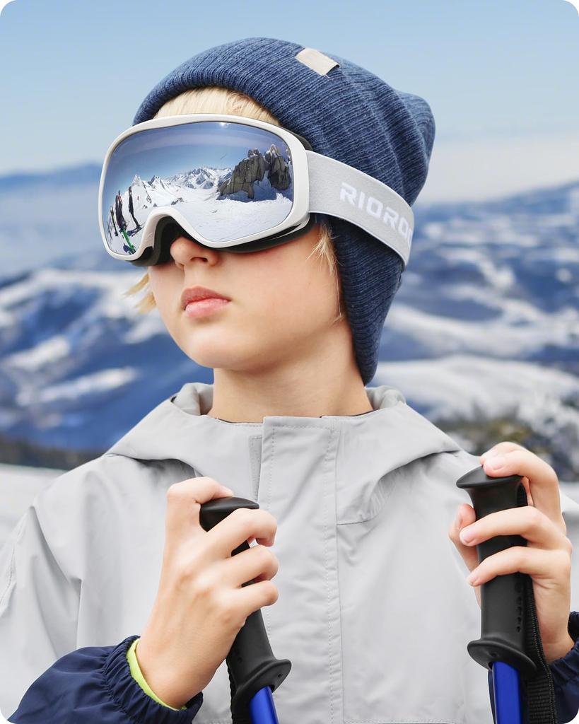 RIOROO Ski and Snowboard UV Wide Field of Impact Long Suitable for Ages and Winter Ski and Competitions Kids' Goggles, 100% Protection, OTG,