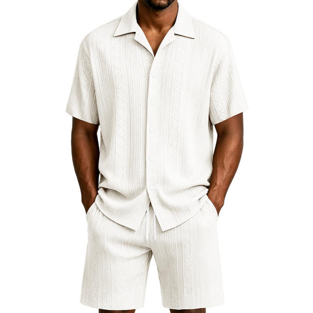 Completo Casual da Uomo a Maniche Corte con Bottoni e Pantaloncini Leggero Traspirante Due Pezzi Adatto per Attività Estive all'Aperto e Tempo Libero