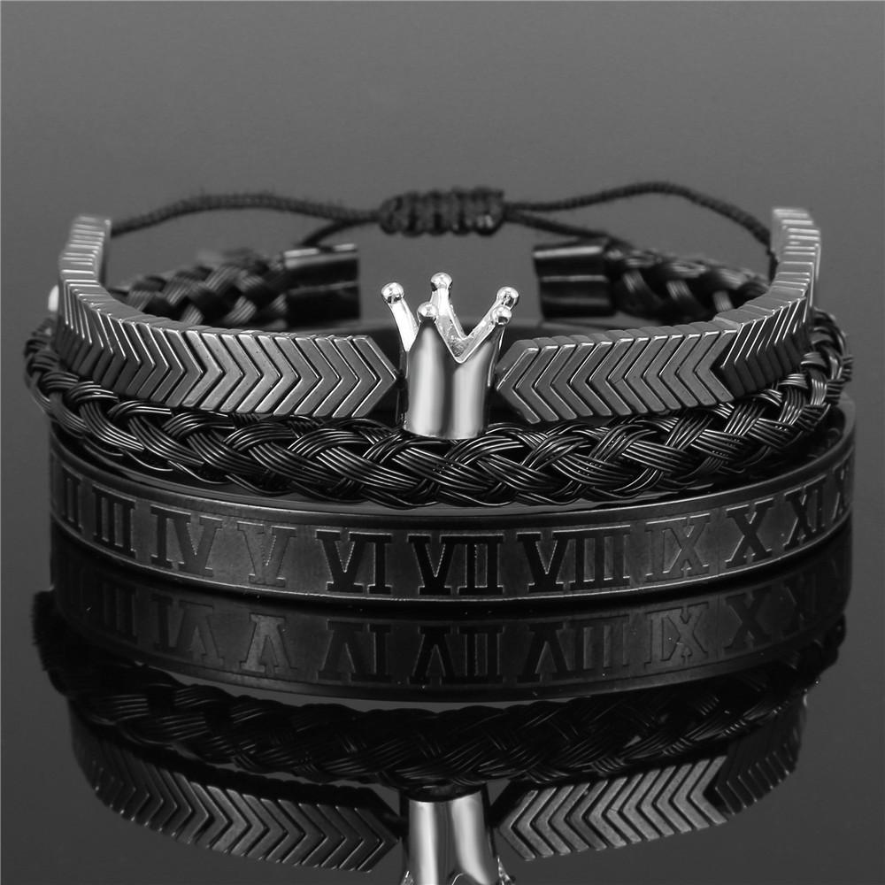 European and American retro crown woven bracelet, Roman letter stainless steel mesh open bracelet set three pieces men