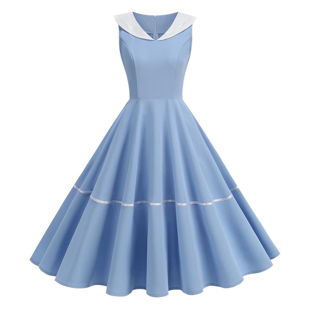 Vintage Navy Style Maxi Dress With Color Block Details For Casual Travel