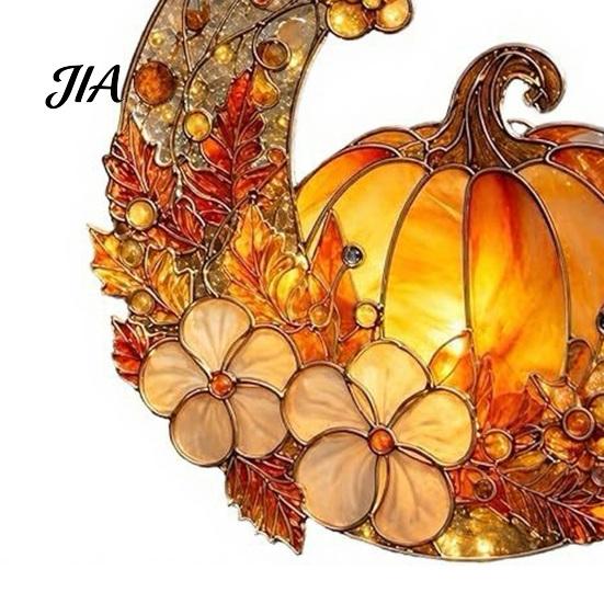 Romantic Autumn Home Wall Decor Stained Glass Pumpkin Moon Suncatcher, Acrylic Crescent Window Hanging with Halloween Thanksgiving Decorative Ornament