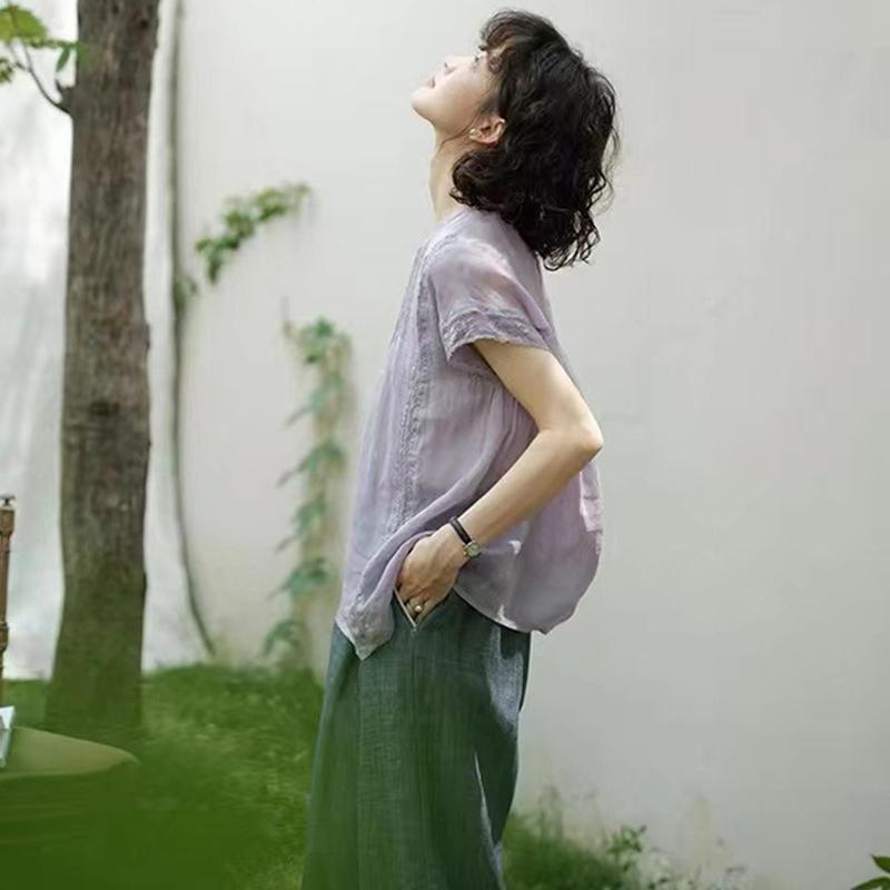 Johnature Summer French Stitched Sleeveless Cool Shirts Casual Loose Sheer Sunscreen Simple Shirts Women