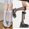 Japanese Style Ruffle Lace Trim Over the Calf Socks for Women Cute Ribbon Bowknot Hollowed Out Heart Fishnet Stockings