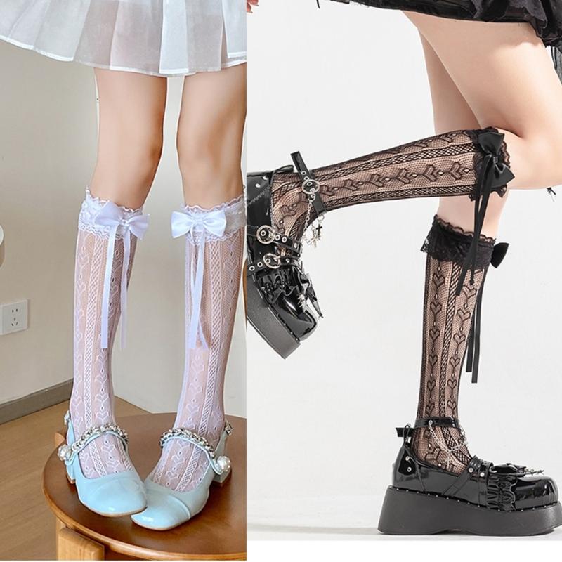 Japanese Style Ruffle Lace Trim Over the Calf Socks for Women Cute Ribbon Bowknot Hollowed Out Heart Fishnet Stockings