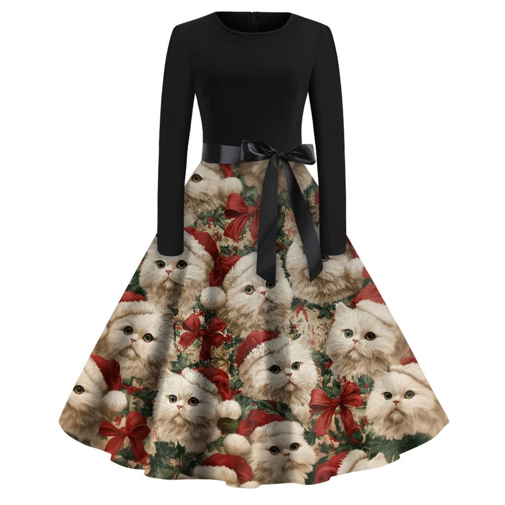 Šaty s vánočním potiskem pro ženy s dlouhým rukávem Duté společenské šaty pro volný čas