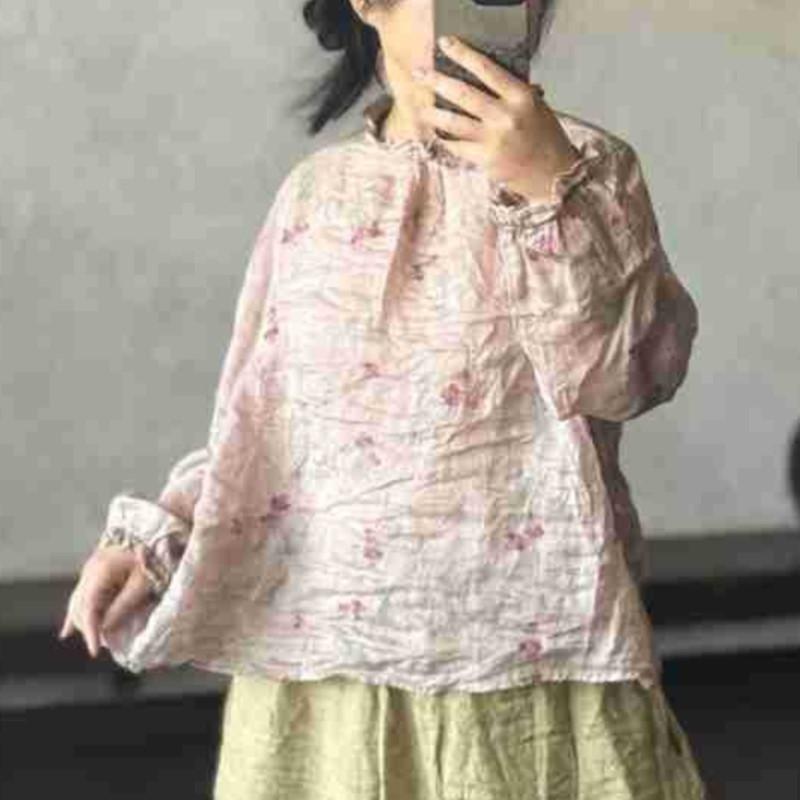 Johnature Damen Vintage Blusen Langarm Frühling O-Ausschnitt Hohe Qualität Damen Locker Geblümte Blusen