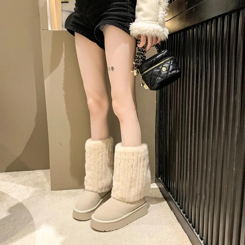 Fashion Ladies Shoes On Sale 2024 Fashion Sleeve Women Boots Winter Round Toe Suede Warm Solid Middle Tube Platform Boots Zapatos Mujer