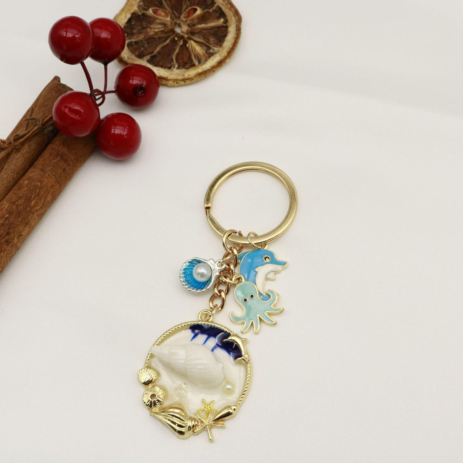 Blue Enamel Ocean Pendant Keychain – Dolphin & Octopus Charm