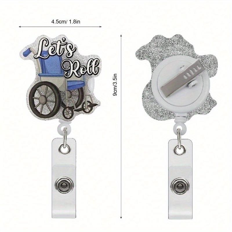 Nurse Retractable Badge Reel with Alligator Clip Let's Roll ID Card Badge Holder for Patient Transport Funny Wheelchair Silver Glitter Badge