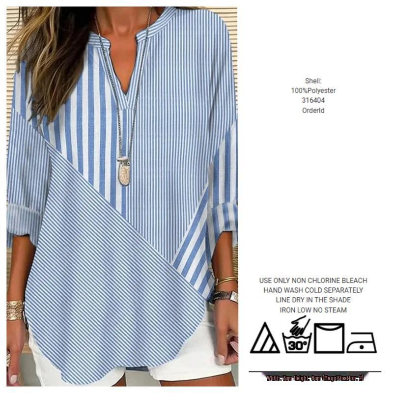 Women's Summer Striped V-Neck Long Sleeve Casual Loose Pullover Shirt