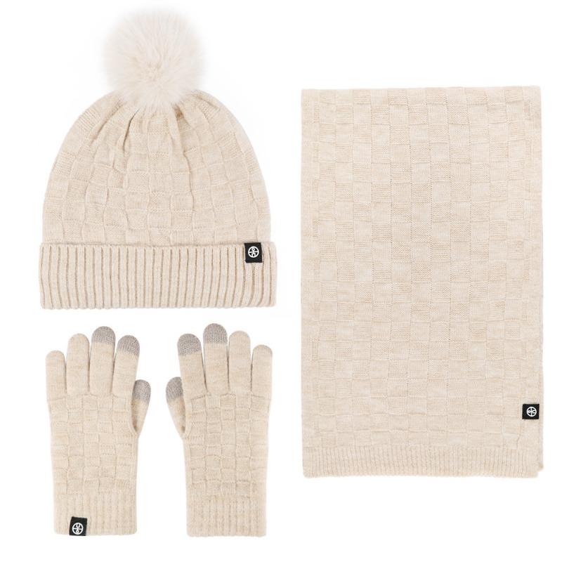 Winter warm scarf three-piece set outdoor cold-proof plush ball knitted hat scarf gloves 3-piece set