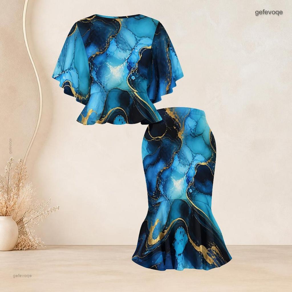 Women Plus Size Blue Gold Printed Round Neck Batwing Sleeve Ruffle Hem Top Fishtail Skirt Two Piece Set