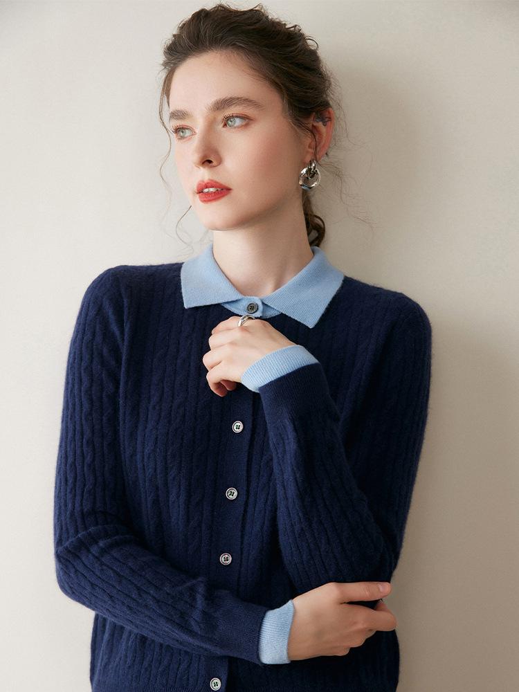 Women's Colorblock Cable Knit Cardigan with Faux Two-Piece Polo Neck Sweater