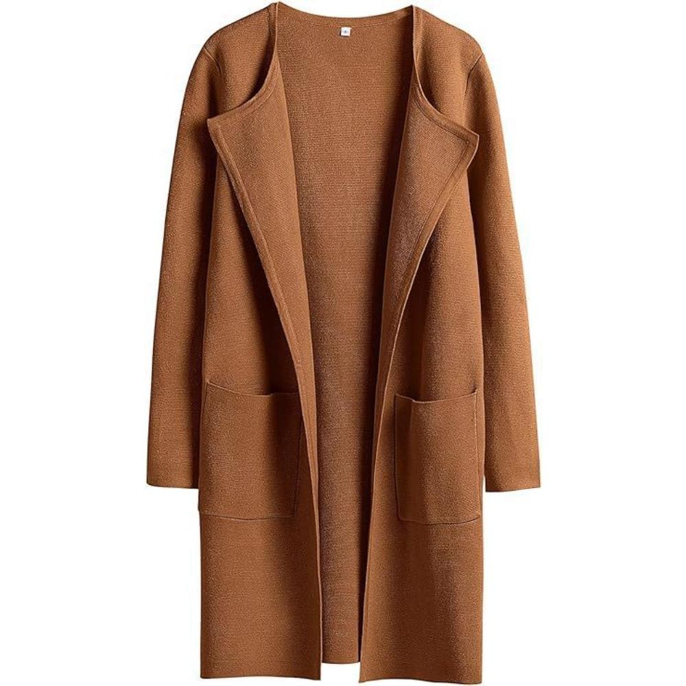 Women's Turn Down Collar Long Sleeve Loose Fit Casual Long Knit Cardigan Solid Color Pocket Sweater Coat