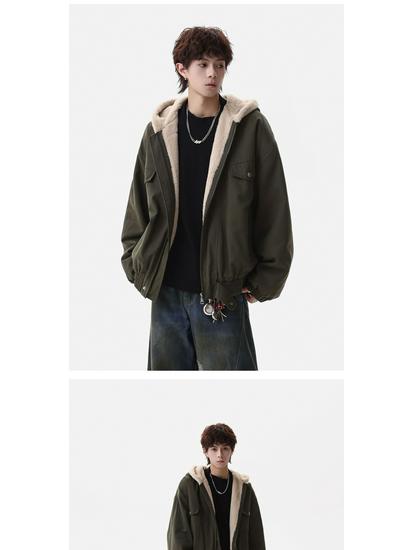 Zuoshan Diao Men's Hooded Cotton Jacket: Winter Velvet, Thick, Loose Fit, Youthful Trendy American Workwear Style.