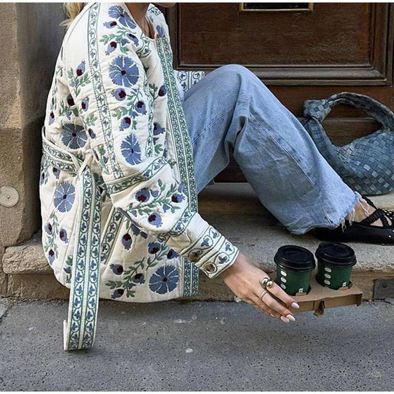 2024 European & American Women's Autumn/Winter Printed Tie-Waist Cotton Jacket