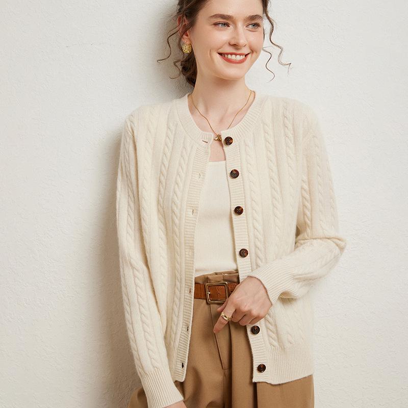 Women's Slimming Cable Knit Cashmere Cardigan - Long Sleeve, Warm, Round Neck, Single-Breasted