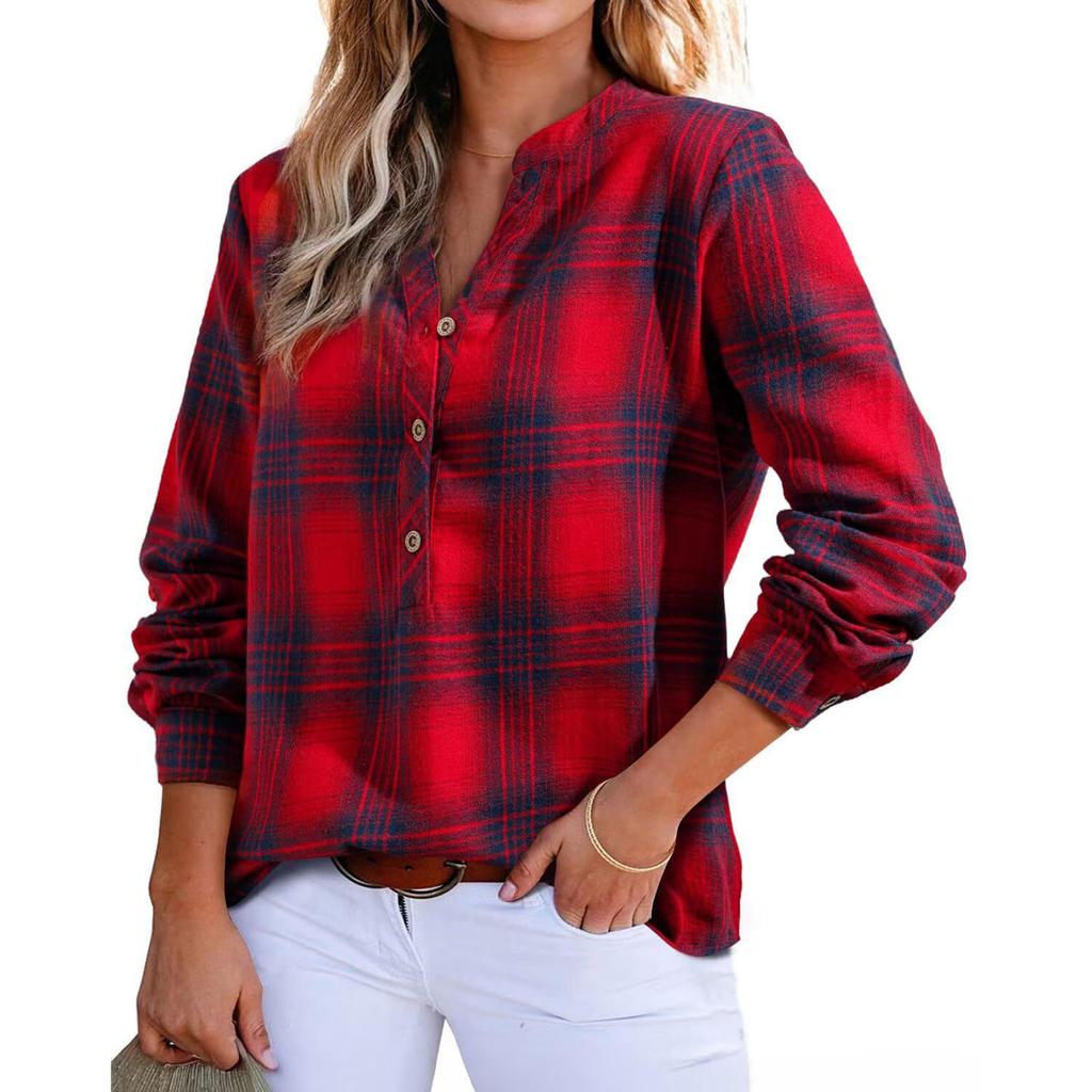Women's V-neck Plaid Shirt Fashion Casual Shirt Button-up Top