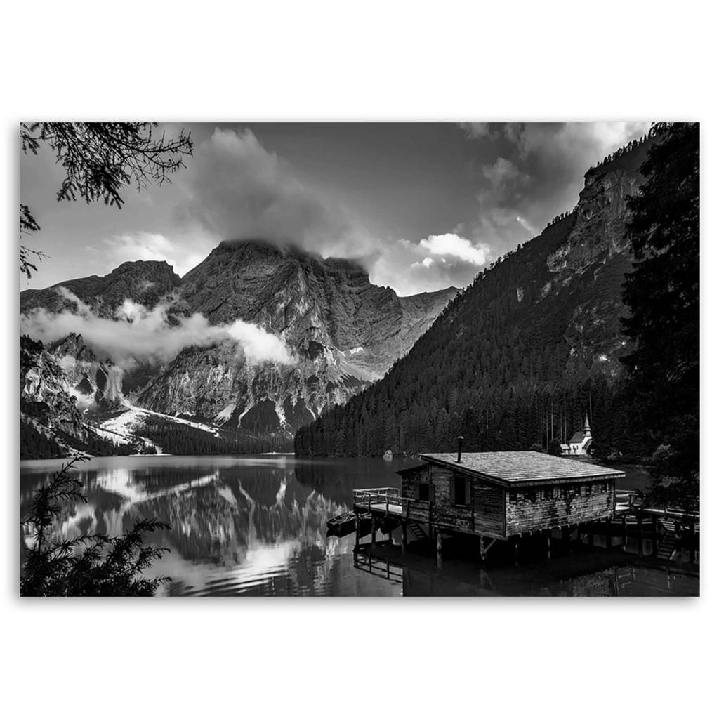 Canvas print Hut at a mountain lake Alps
