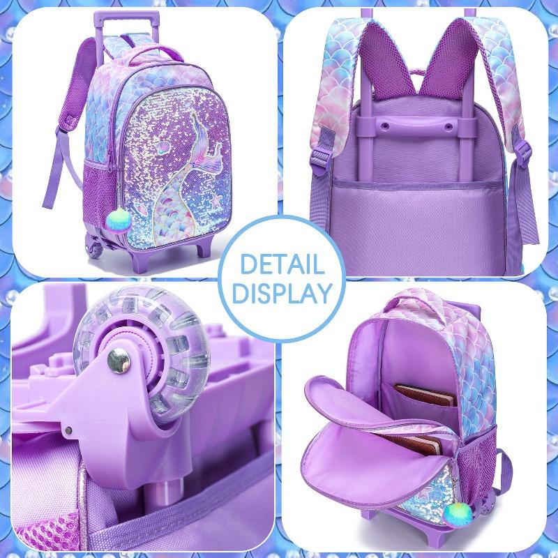 3PCS Kids Rolling Backpack for Girls Cute Mermaid Sequin Wheeled Backpack Trolley School Bag with Wheels Elementary Book bag