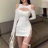 Casual Party Y2k Mini Dress Summer Cut Out Slim Sexy Dress Elegant Lace-Up Long Sleeve White Dress Streetwear Vestidos 27719