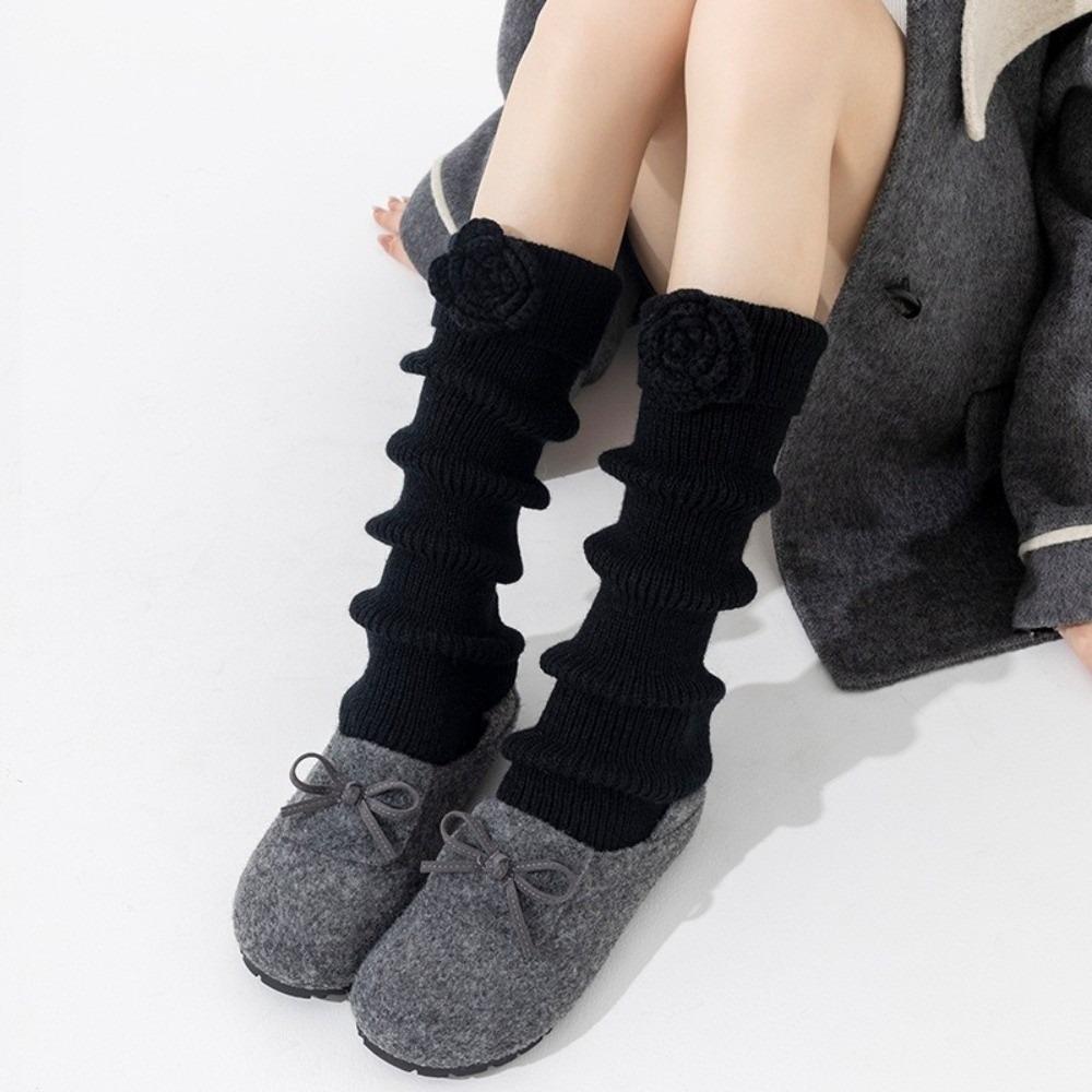 

New Solid Color Leg Warmers Knitted INS Middle Tube Socks Thickened Handmade Flowers Pile Sock Autumn and Winter 35-39 чёрный