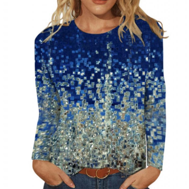 New Women's Round Neck Long Sleeve Loose Printed T-Shirt Ladies Top